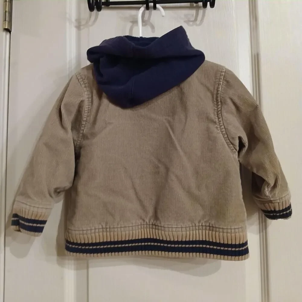 OshKosh tan corduroy bomber jacket zipper snaps navy hood patch 2T classic basic